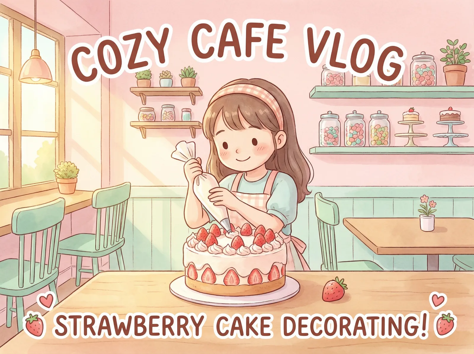 糖心vlog 甜品制作 - 在温馨咖啡厅装饰草莓蛋糕